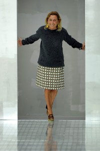 Designer Miuccia Prada on the runway after her Prada spring 2011 show.