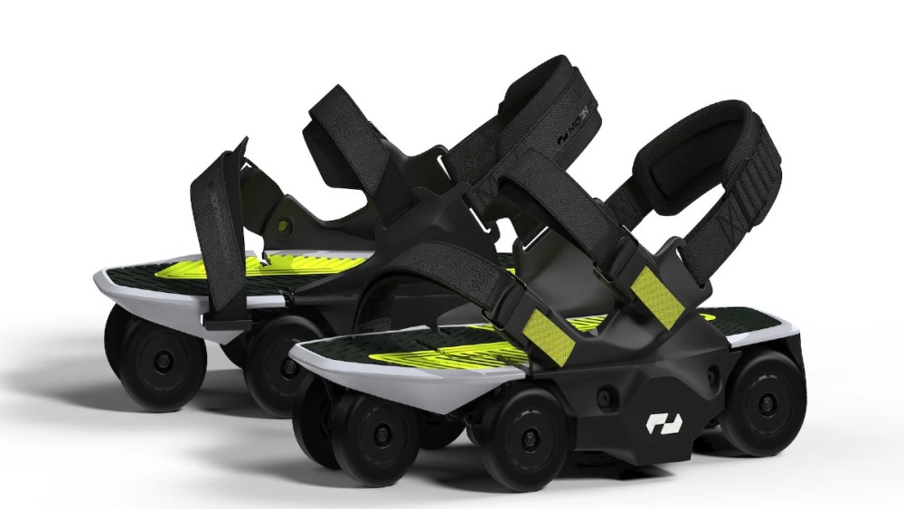 Robotic, sandal-like shoes with wheels  in black and green.