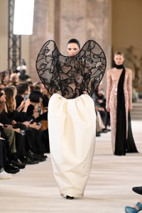 Model on the runway at Schiaparelli Couture Spring 2024 as part of Paris Couture Fashion Week held at Petit Palais on January 22, 2024 in Paris, France.