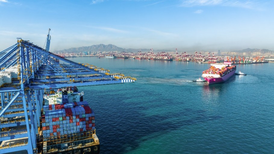 A container ship leaving East China's Shandong Province.