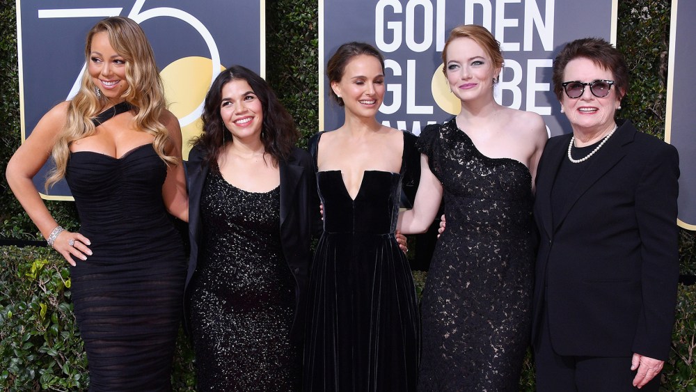 Mariah Carey, America Ferrera, Natalie Portman, Emma Stone, Billie Jean King, 2018 Golden Globes, black dress,