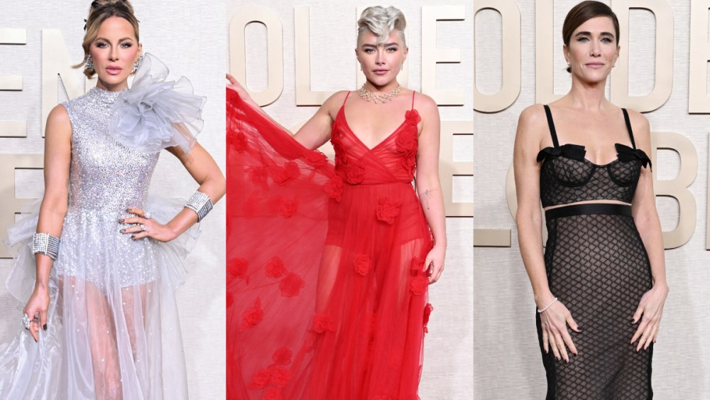 Kate Beckinsale, Florence Pugh, and Kristen Wiig on the red carpet at the 2024 Golden Globes.