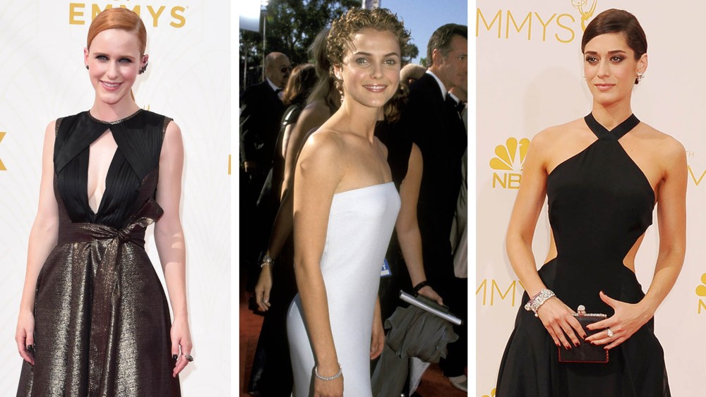 primetime emmy awards red carpet, nominees, Rachel Brosnahan in 2015, Keri Russell in 1999 and Lizzy Caplan in 2014, dresses