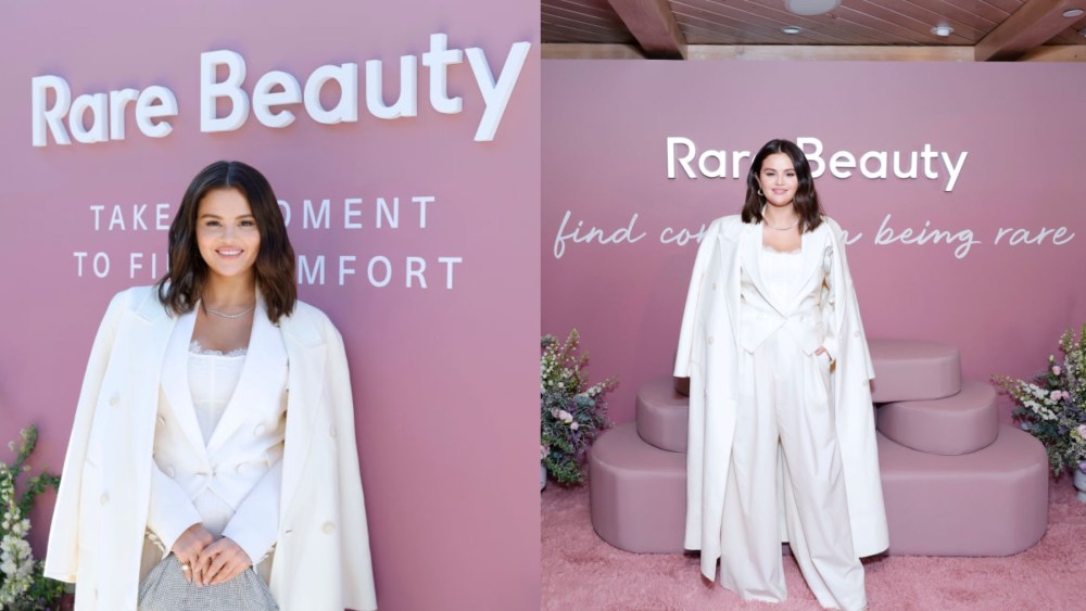Selena Gomez, launch, Rare Beauty's Find Comfort Body collection, Giuseppe di Morabito suit, Jan. 10, Los Angeles
