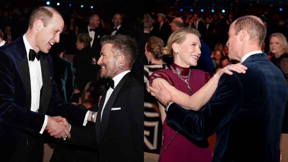 Prince William and david beckham, and Cate Blanchett during the 2024 BAFTA Awards in London on Feb. 18.
