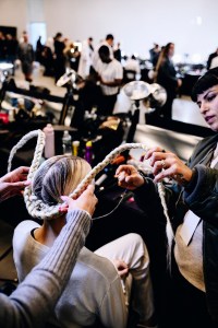 Backstage at the Thom Browne fall 2024 ready-to-wear show at New York Fashion Week.