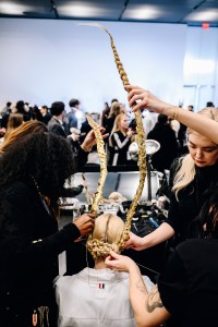 Backstage at the Thom Browne fall 2024 ready-to-wear show at New York Fashion Week.
