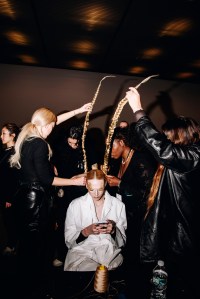 Backstage at the Thom Browne fall 2024 ready-to-wear show at New York Fashion Week.