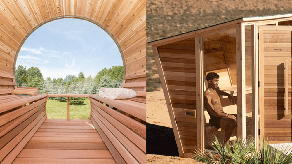 view from inside one of the best outdoor saunas; person inside one of the best outdoor saunas