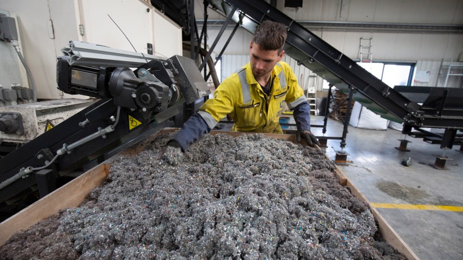 Materials from new and used sport shoes come from the recycling machine at Fast Feet Grinded,  the world's first shoe recycling factory processing shoes 100% into raw materials plastics, rubber, textile and foam in Wieringerwerf, Netherlands.