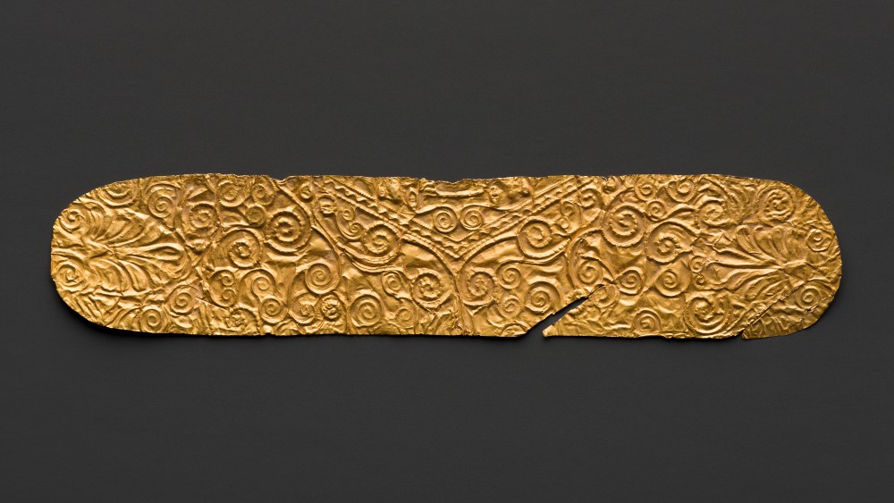 A Scythian artifact, possibly a brow ornament, ca. 400-300 B.C.E., is part of the Brooklyn Museum's "Solid Gold" exhibit.