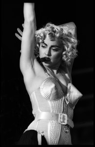 Madonna performs on stage at Feyenoord Stadium, de Kuip, Rotterdam, Netherlands on the Blond Ambition World Tour 24th July 1990.