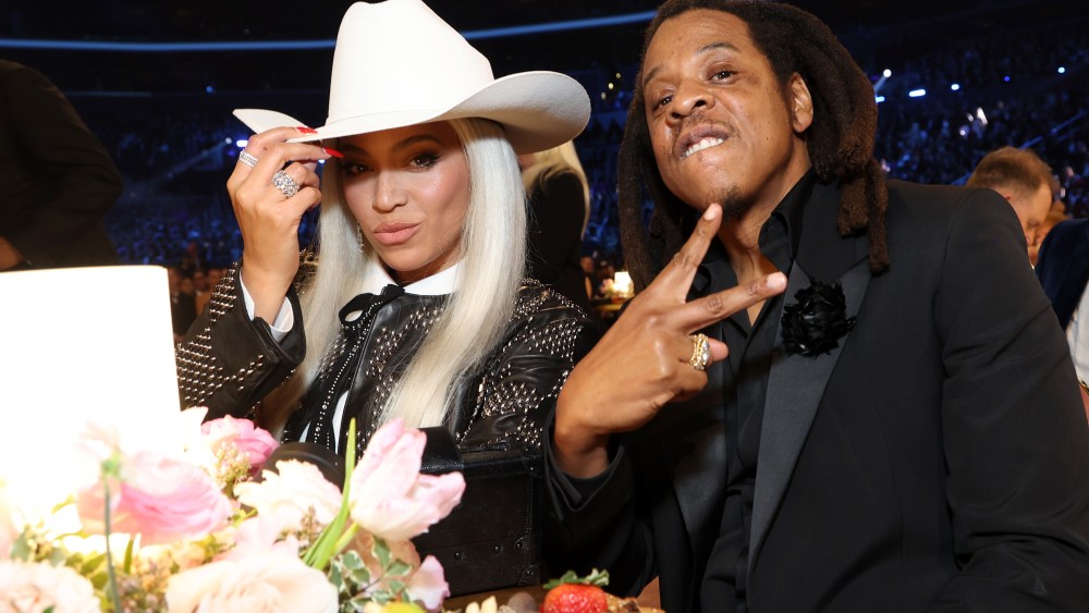 Beyoncé and Jay-Z attend the 66th GRAMMY Awards, louis vuitton jacket, cowboy hat,