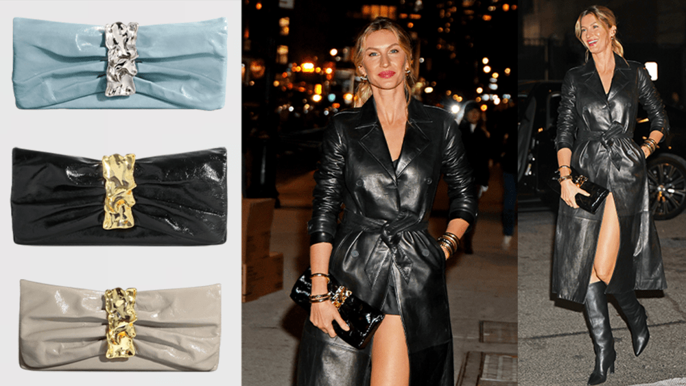 three leather clutch bags with silver and gold hardware in various colors; Gisele Bündchen seen at night in new york city wearing a long leather trench coat and boots