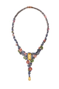 Avani Paris Neelia necklace in white gold, rose gold and yellow gold with yellow sapphire emerald cut, yellow sapphire cushion cut, blue sapphires, pink sapphires, mahenge spinels and tsavorites.
