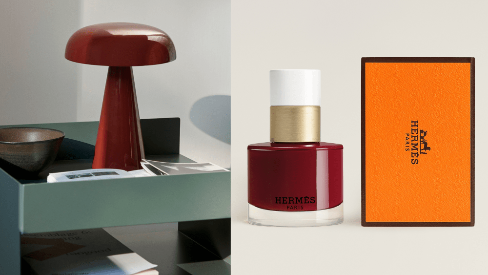 Rejuvenation LED red lamp on table, Hermes Rouge H nail polish bottle and box