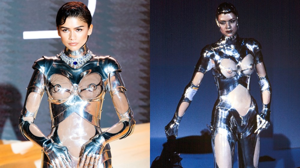 Zendaya wearing vintage Mugler at the London premiere of “Dune: Part Two;" A model wearing the robot suit during Thierry Mugler's fall 1995 fashion show in Paris.