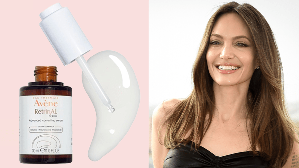 skincare product with dropper applicator in front of pink background; Angelina Jolie smiling outside