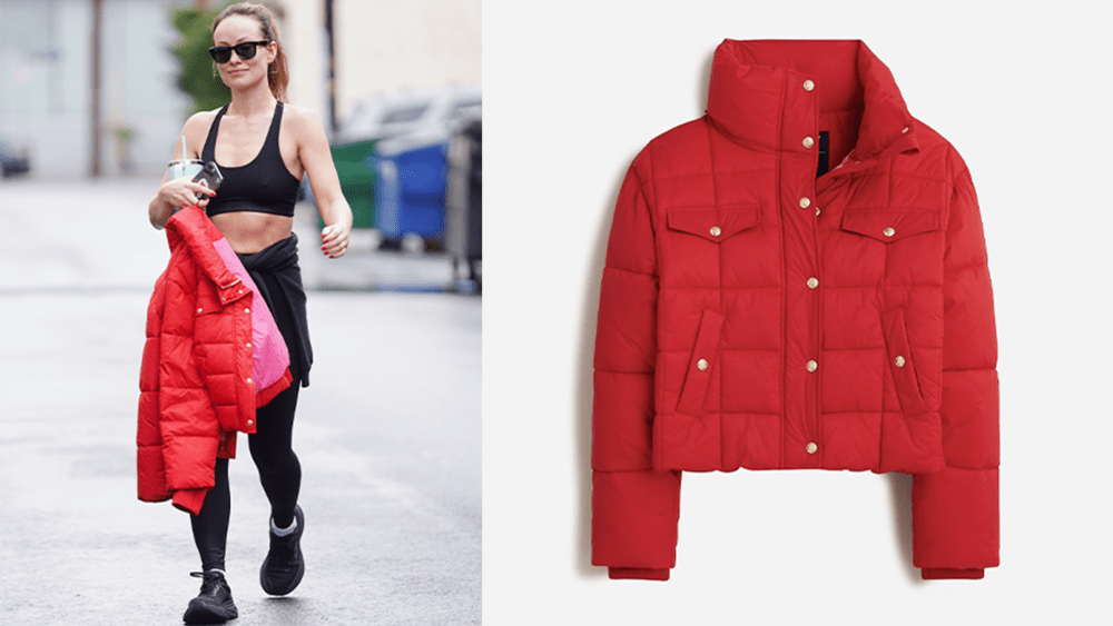 Olivia Wilde walking on the street in workout gear, carrying a red puffer jacket; red puffer jacket with gold buttons on gray background