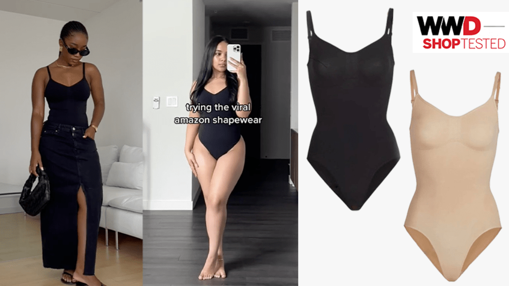 two women wearing a black tank top bodysuit; black and nude Shaperx bodysuits