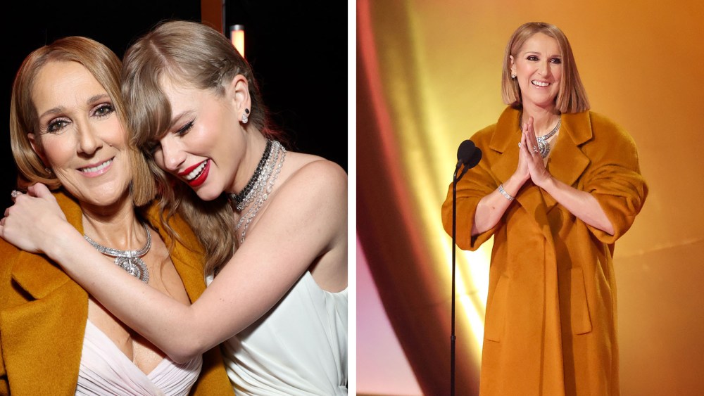 Celine Dion at the 2024 Grammy Awards, valentino, dress, coat, taylor swift, album of the year