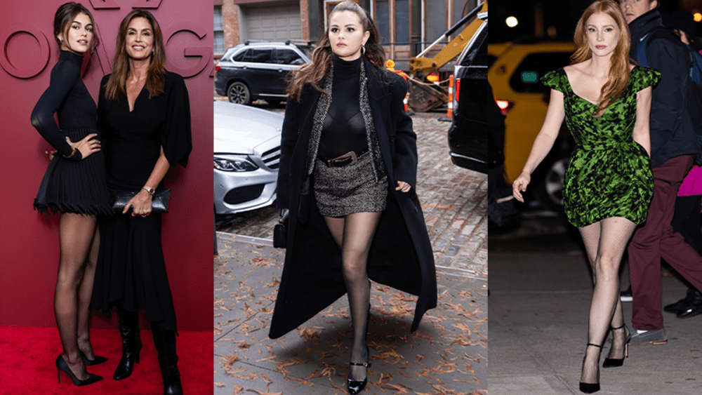 Kaia Gerber and Cindy Crawford wearing all black at a red carpet; Selena Gomez on the streets of New York City wearing a long coat, skirt, black shirt, and tights; Jessica Chastain on the streets of New York City wearing a green dress, tights, and black heels.