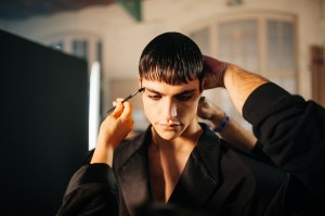 Backstage at the Mugler fall 2024 ready-to-wear show at Paris Fashion Week.