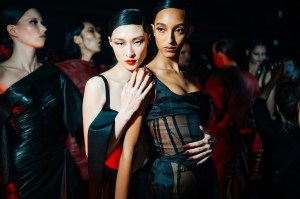 Backstage at the Mugler fall 2024 ready-to-wear show at Paris Fashion Week.