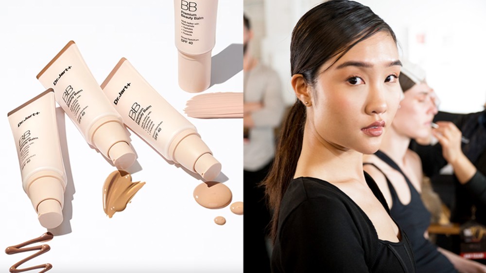 one of the best BB creams on a white surface; woman wearing a BB cream backstage at NYFW