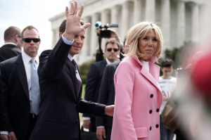 French President Emmanuel Macron and his wife Brigitte Macron greet members of the public at the Lincoln Memorial April 23, 2018 in Washington, DC.