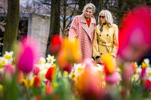 Queen Maxima of The Netherlands and French First Lady Brigitte Macron visit Keukenhof flower park  on April 12, 2023 in Lisse, Netherlands.