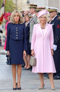 The French head of state's spouse, Brigitte Macron and Queen Camilla during a ceremonial welcome at The Arc De Triomphe on September 20, 2023 in Paris, France.