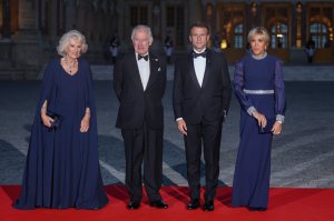 Queen Camilla, King Charles III, President of France, Emmanuel Macron and The French head of state's spouse, Brigitte Macron attend a State Banquet at The Palace of Versailles on September 20, 2023 in Versailles, France.