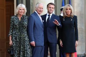Queen Camilla, King Charles III, President Emmanuel Macron, and Brigitte Macron are seen at the Élysée Palace on September 21, 2023 in Paris, France.