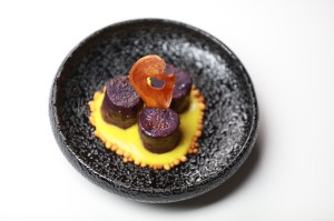 Purple Sweet Potato Chaat, Green Mango Sauce, Yam Chip, Chickpea Droplets.