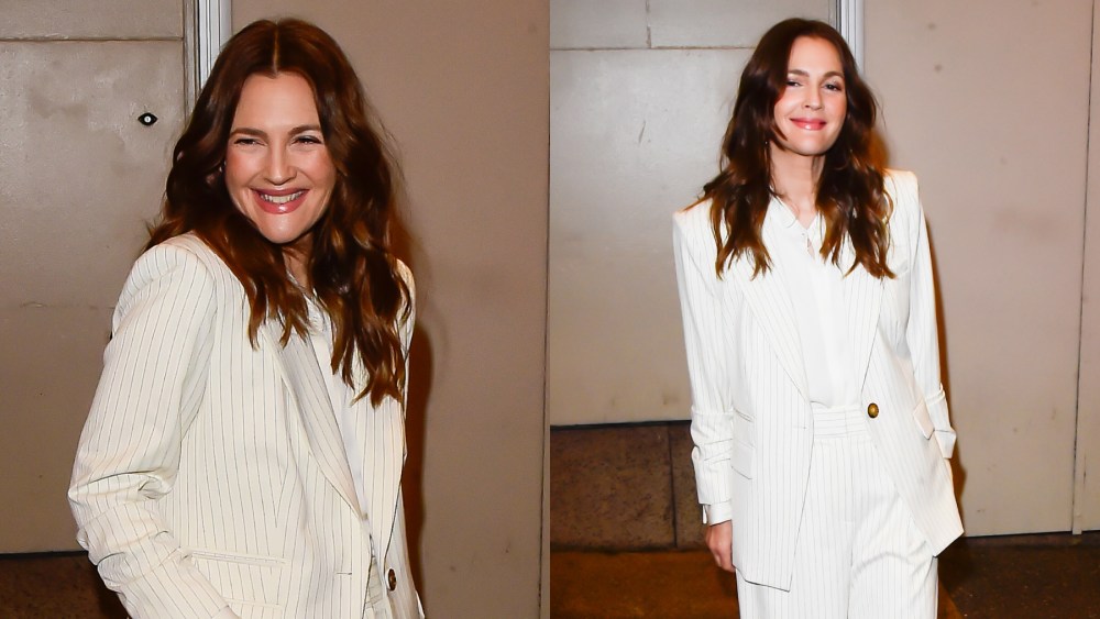 Drew Barrymore in veronica beard pinstripe suit outside of CBS mornings on March 27 in New York.