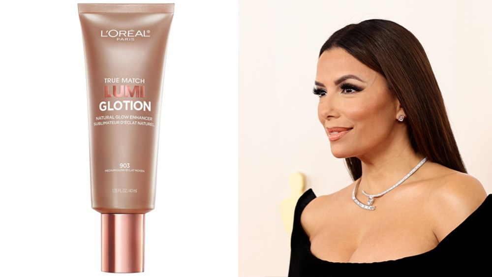 L'Oreal Lumi Glotion; Eva Longoria on Oscars red carpet wearing L'Oreal Lumi Glotion