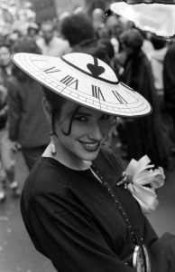 Participants doned hats of their own creations for the annual Easter Parade held along 5th Ave near Saint Patrick's Cathedral on April 4, 1988 in New York, New York