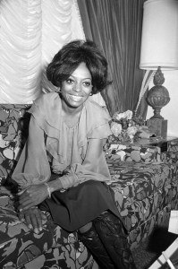 Actress and singer Diana Ross wearing a layered chiffon blouse being interviewed in her home in Miami, Florida