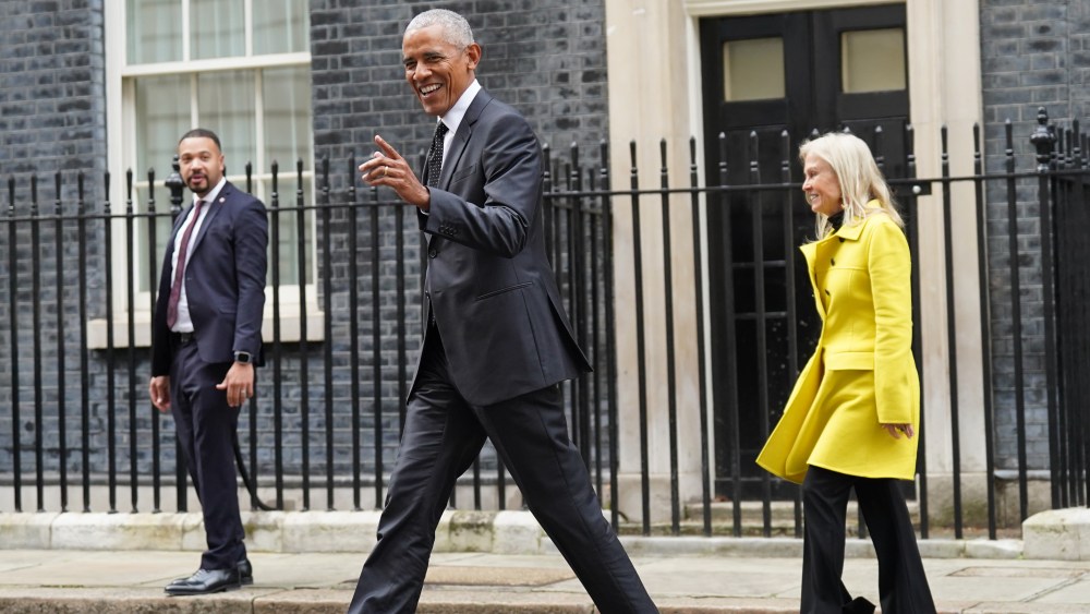 Former US president Barack Obama in suit, followed by United States ambassador to the United Kingdom Jane Hartley, leave following a meeting at 10 Downing Street, London. Picture date: Monday March 18, 2024. See PA story POLITICS Obama. Photo credit should read: Stefan Rousseau/PA Wire (Photo by Stefan Rousseau/PA Images via Getty Images)
