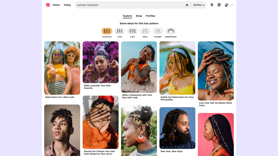 A look at Pinterest's new hair pattern search filter on a desktop.