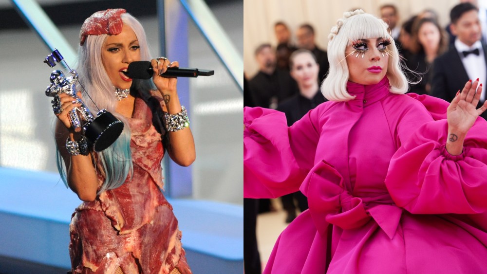 Lady Gaga at the 2010 MTV Video Music Awards meat dress; Lady Gaga at the 2019 Met Gala pink dress.