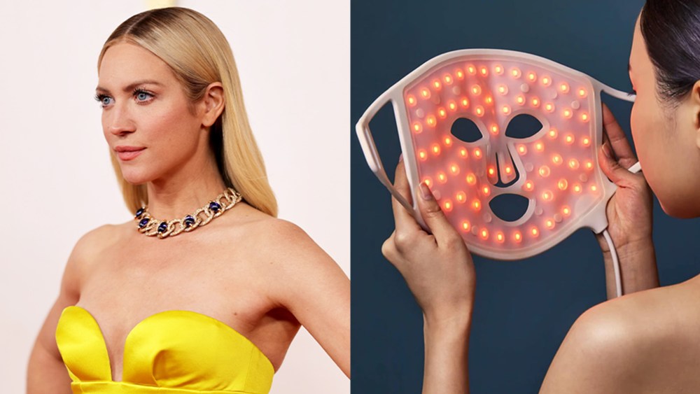 Brittany Snow on the red carpet after an LED light therapy treatment; woman using a red light therapy mask.