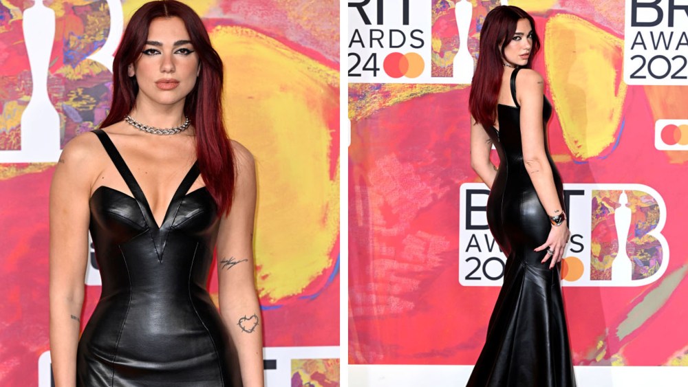 Dua Lipa at the 2024 Brit Awards at The O2 Arena on March 2 in London, black versace leather dress