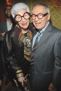 event shot of Iris and Carl Apfel, founders of Old World Weavers at the celebration of Cartiers 100th anniversary in America, featuring a dinner party honoring Bruce Webers book "Cartier I Love You", held at the Fifth Avenue flagship store and La Grenouille in Manhattan, New York