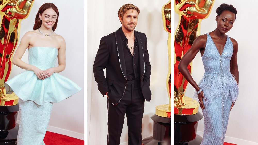 (L-R): Emma Stone, Ryan Gosling and Lupita Nyong'o on the 2024 Oscars red carpet on March 10 in Los Angeles, most searched googled looks
