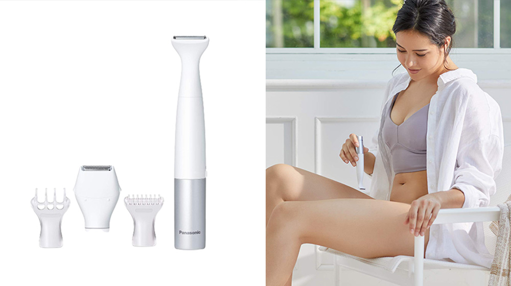 Panasonic Bikini Trimmer and Shaver with attachments against white background
