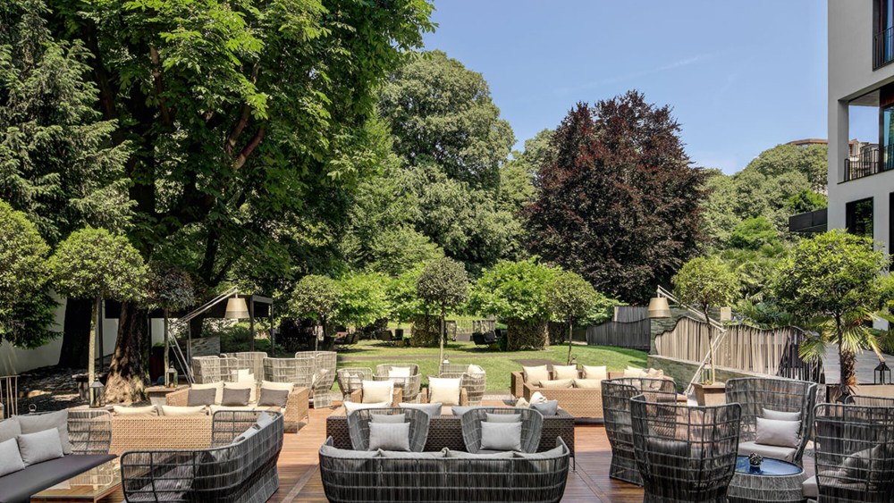 The garden of the Bulgari Hotel in Milan.