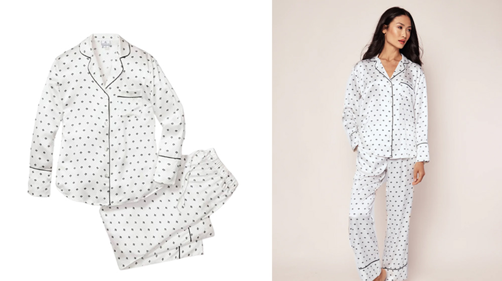 Petite Plum Women's Silk Pajama Set in White Art Nouveau on background