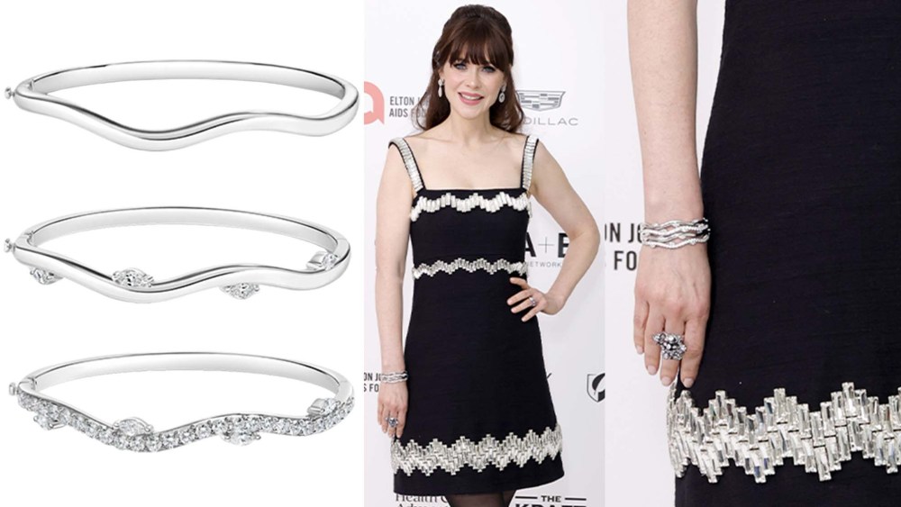 three silver bangle beacelets with diamonds; zoey deschanel wearing a black and silver dress on a red carpet; women's wrist against a black dress wearing silver bangles and ring